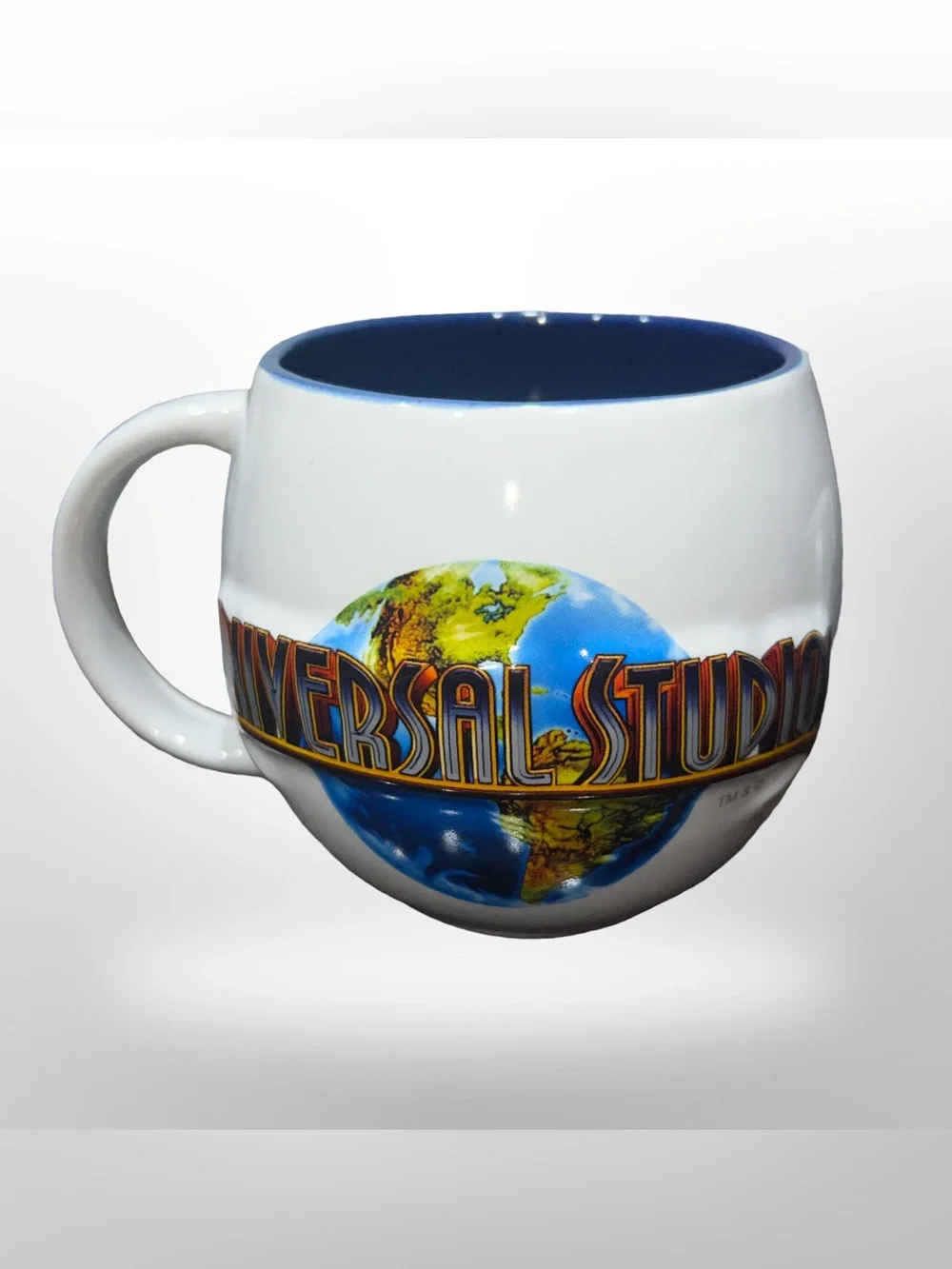 2012 Universal Studios Barrel Shape Cup Mug 3D Globe Logo White Blue Ceramic